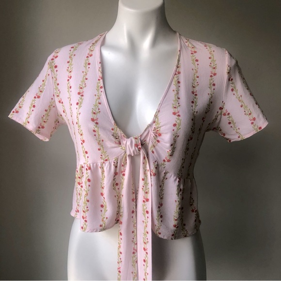 La Hearts Tops - L.A. Hearts Tie Front Floral Woven Top, Pink S